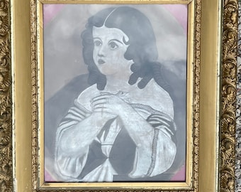 19th Century Antique painting, American primitive watercolor Folk art girl with bird beautiful original gilt frame 24x18