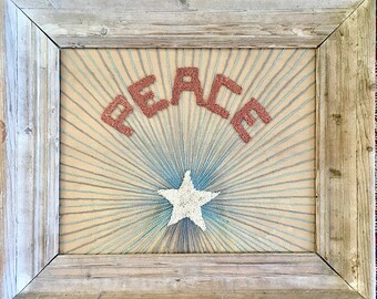 RARE 1940s handmade “PEACE” embroidery with radiant sewn star. Large framed original antique artwork.