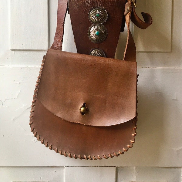 1960s leather boho whipstitched purse / long strap / messenger bag