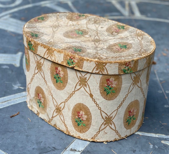 Beautiful Antique 19th Century Wallpaper Hat Box 