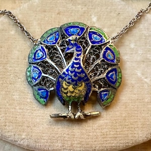 Antique silver enamel peacock necklace 1” dimensional peacock converted brooch on 18” vintage sterling chain