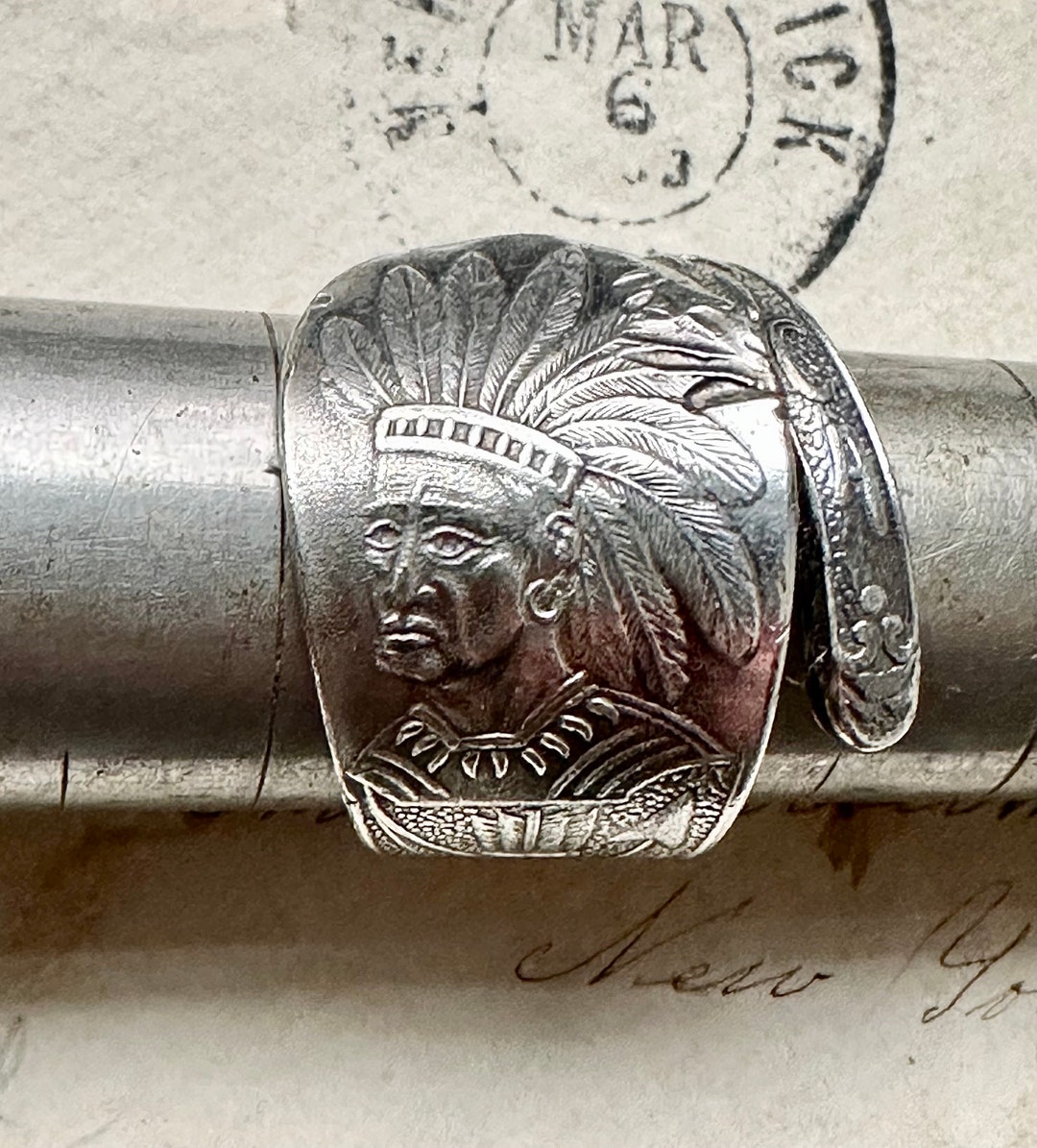 Circa 1800s Coin Silver Spoon Ring With Native American and AMERICA ...