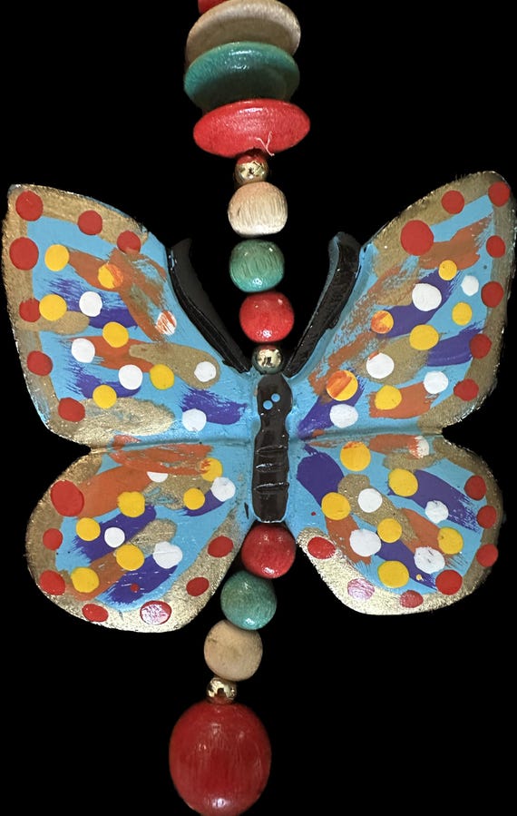 Monumental 1970s-1980s era handpainted OOAK wood bead butterfly statement necklace, a bohemian beauty, wow! View 3