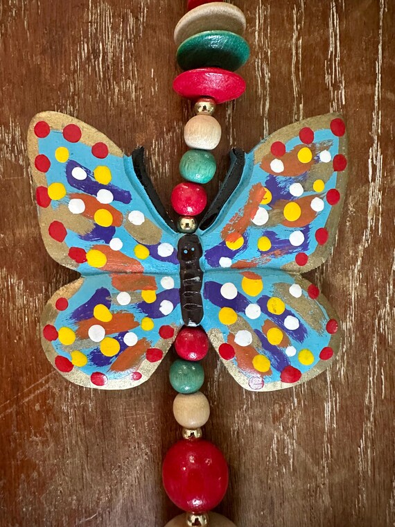 Monumental 1970s-1980s era handpainted OOAK wood bead butterfly statement necklace, a bohemian beauty, wow! View 6
