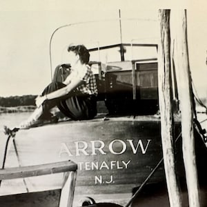 Original 1950s found photo of a woman on a boat in Tenafly, NJ 5”x3.5” unframed black & white photo
