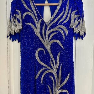 Incredible vintage 1980s “Nite Line” silk heavily beaded sapphire blue evening/holiday/party dress with dramatic sleeves / vintage size 10