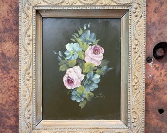 Fantastic original antique botanical oil painting Victorian still life pansies dogwood antique frame authentic