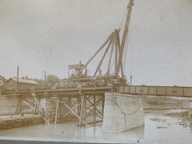 Antique photograph 1905 bridge construction Seneca Falls Phoenix Bridge Co.