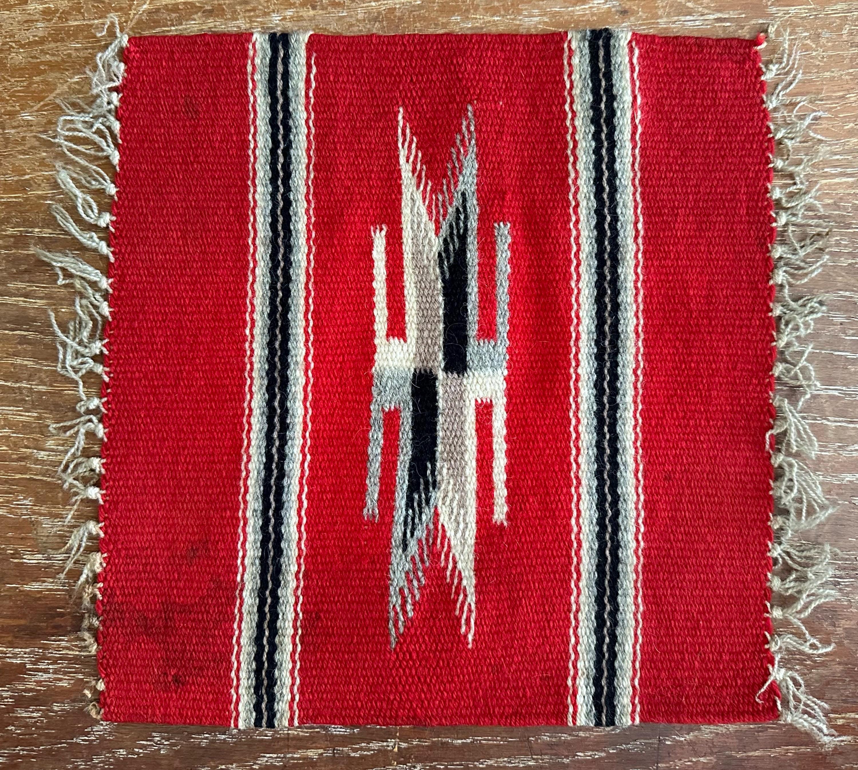 Beautiful western Native American hand woven red/black/grey/white Chimayo mat approx 12" x 10" including trim