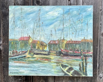 Beautiful Vintage harbor scene oil on canvas painting boats signed 18x24