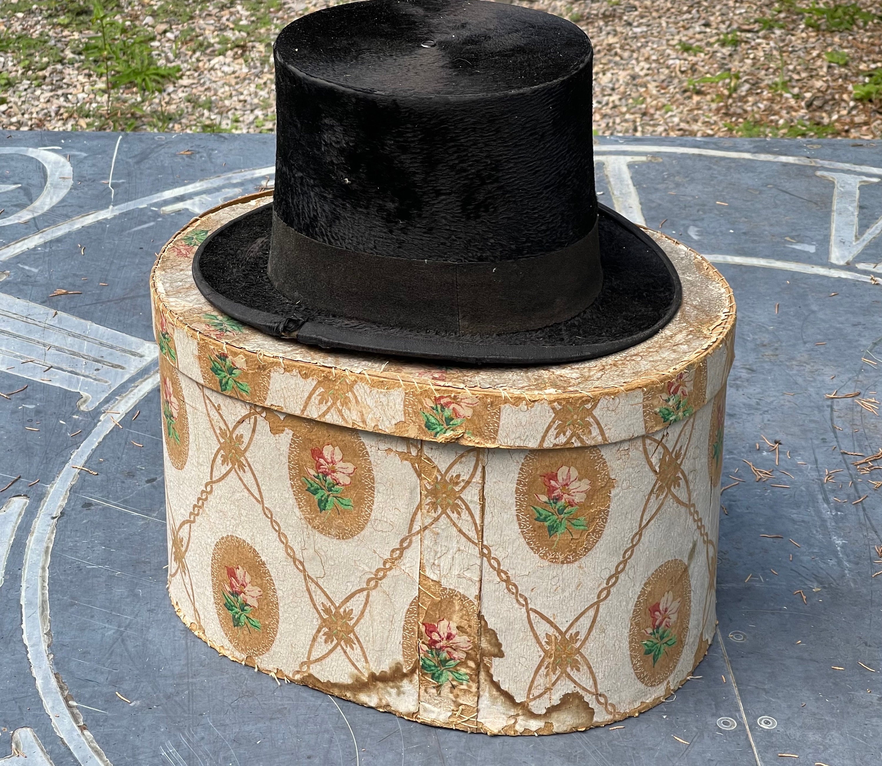 Antique Leather Hat Box with Men's Victorian Black Plush Velvet Top Hat