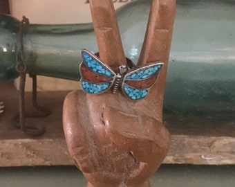 Vintage turquoise and coral butterfly ring