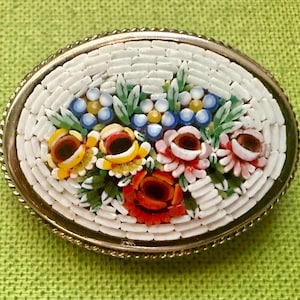 Your choice of three genuine vintage European micro mosaic floral brooches, all pieces intact, silver toned settings, BEAUTIFUL works of art