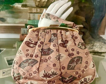 Exquisite vintage 1950s Japanese silk top-handle purse with gorgeous fan design. By M. Yamamoto &Co., Kyoto Japan, excellent condition