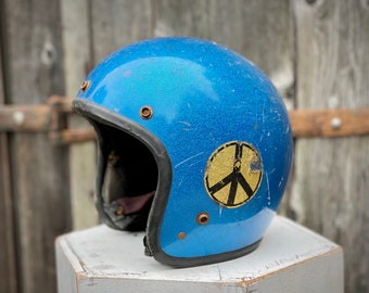 1980s Blue metal flake Motorcycle Helmet vintage biker motocross cafe racer peace sign