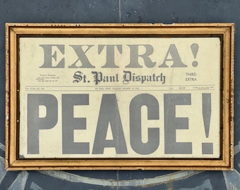 PEACE! Original framed newspaper headline declaring peace after WWII gilt antique frame
