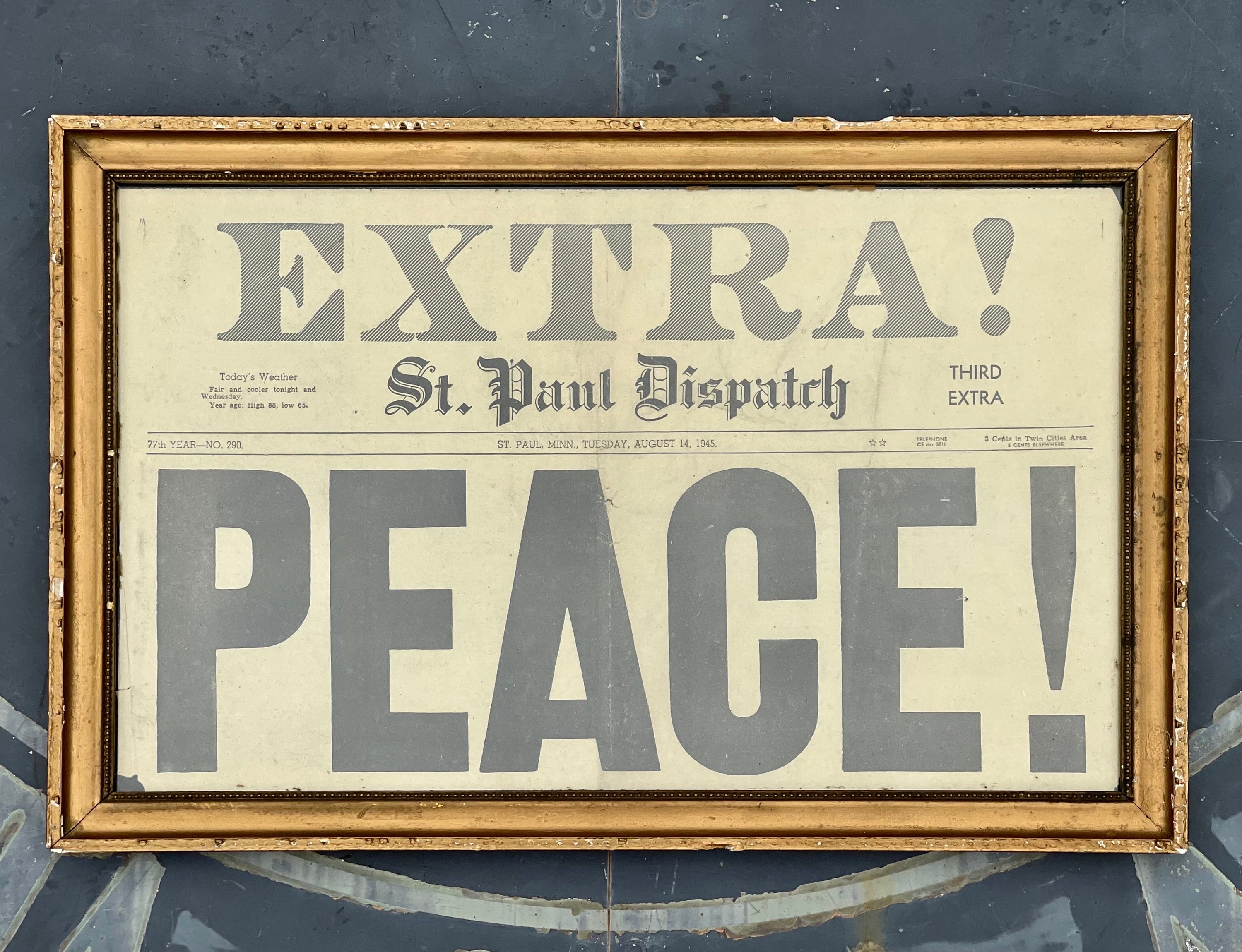 PEACE! Original Framed Newspaper Headline Declaring Peace After