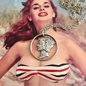 Vintage Mercury Dime Cut Coin on 18” Vintage Sterling Chain