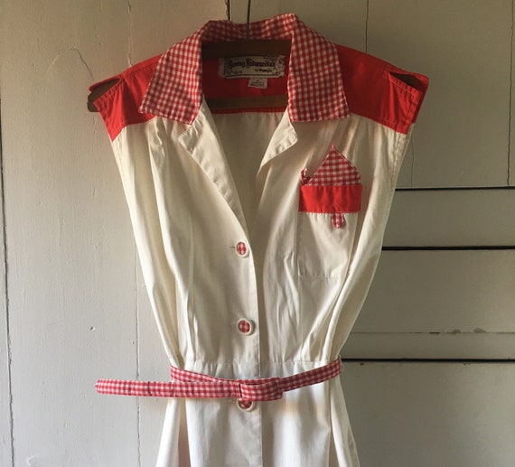 1950s red gingham and eyelet cotton dress