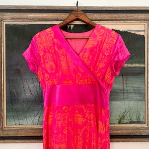 Exquisite real vintage silk pink and golden yellow Asian style long lined dress/size xs-small