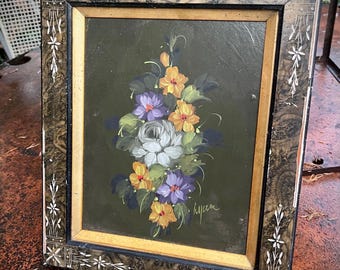 Fantastic original authentic antique botanical oil painting 1920 still life signed cluster of flowers antique frame