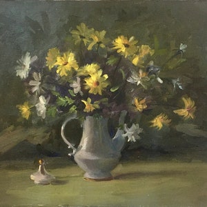 Large original vintage oil painting floral still life of a beautiful vase of daisies, oil on un-stretched canvas, unframed 25”x21”