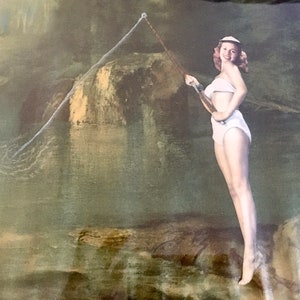 Vintage 1940s pinup girl one-of-a-kind collage, outsider art, modified nature landscape painting fishing girl