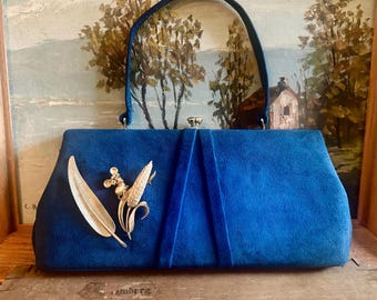 Vintage MCM 1950s-60s blue suede purse adorned with vintage feather, wheat and mouse with glasses brooches, one-of-a-kind archival purse