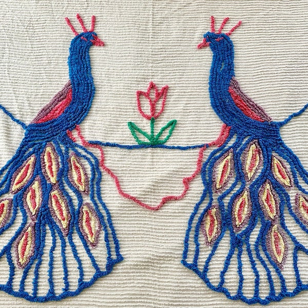 1950s vintage chenille cotton bedspread with magnificent blue double peacocks embroidery fits full to queen size bed 90”x88”