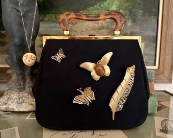 Vintage 1950s iconic Ingber navy blue grosgrain purse with faux tortoise lucite handle adorned with vintage butterfly brooches one-of-a-kind