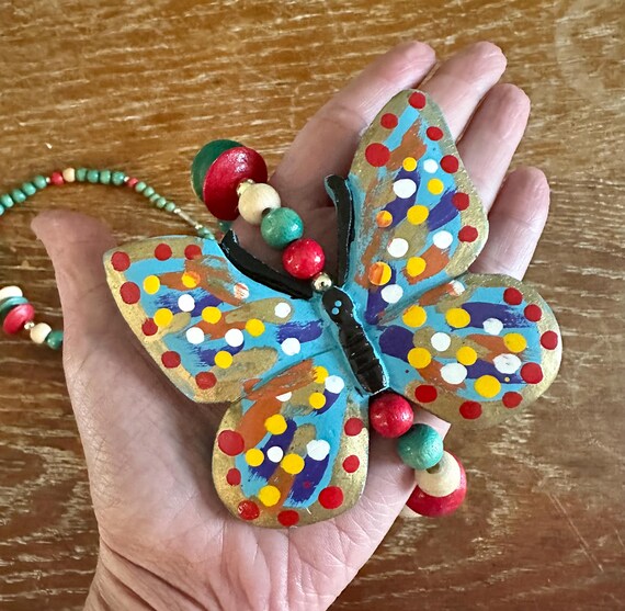Monumental 1970s-1980s era handpainted OOAK wood bead butterfly statement necklace, a bohemian beauty, wow! View 2