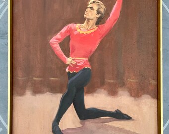 Beautiful 1970s signed oil painting portrait of Ballet dancer , large size. Vintage.
