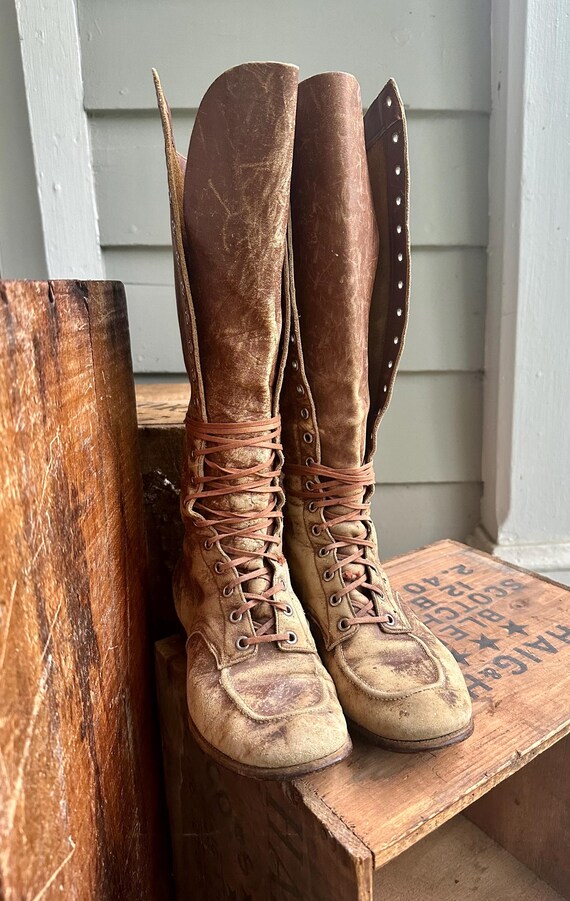 Vintage Distressed Leather Lace-Up Boots Vintage Leather Lace up Ankle Boots Botas Artillero Lacer  main image 4