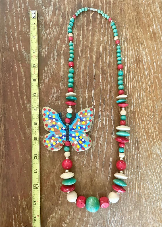 Monumental 1970s-1980s era handpainted OOAK wood bead butterfly statement necklace, a bohemian beauty, wow! View 4