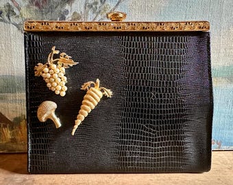 RESERVED. Vintage 1950s iconic “After Five” black ‘crocodile’ purse with vintage fruit and vegetable brooches one-of-a-kind