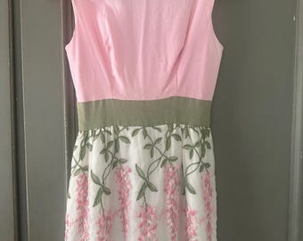 Exquisite handmade long vintage dress embroidered with stunning branches of wisteria or lilacs. Perfect for a garden party or bride. Size Sm