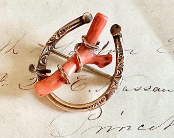 Victorian gold-filled lucky horse shoe pin with genuine coral branch