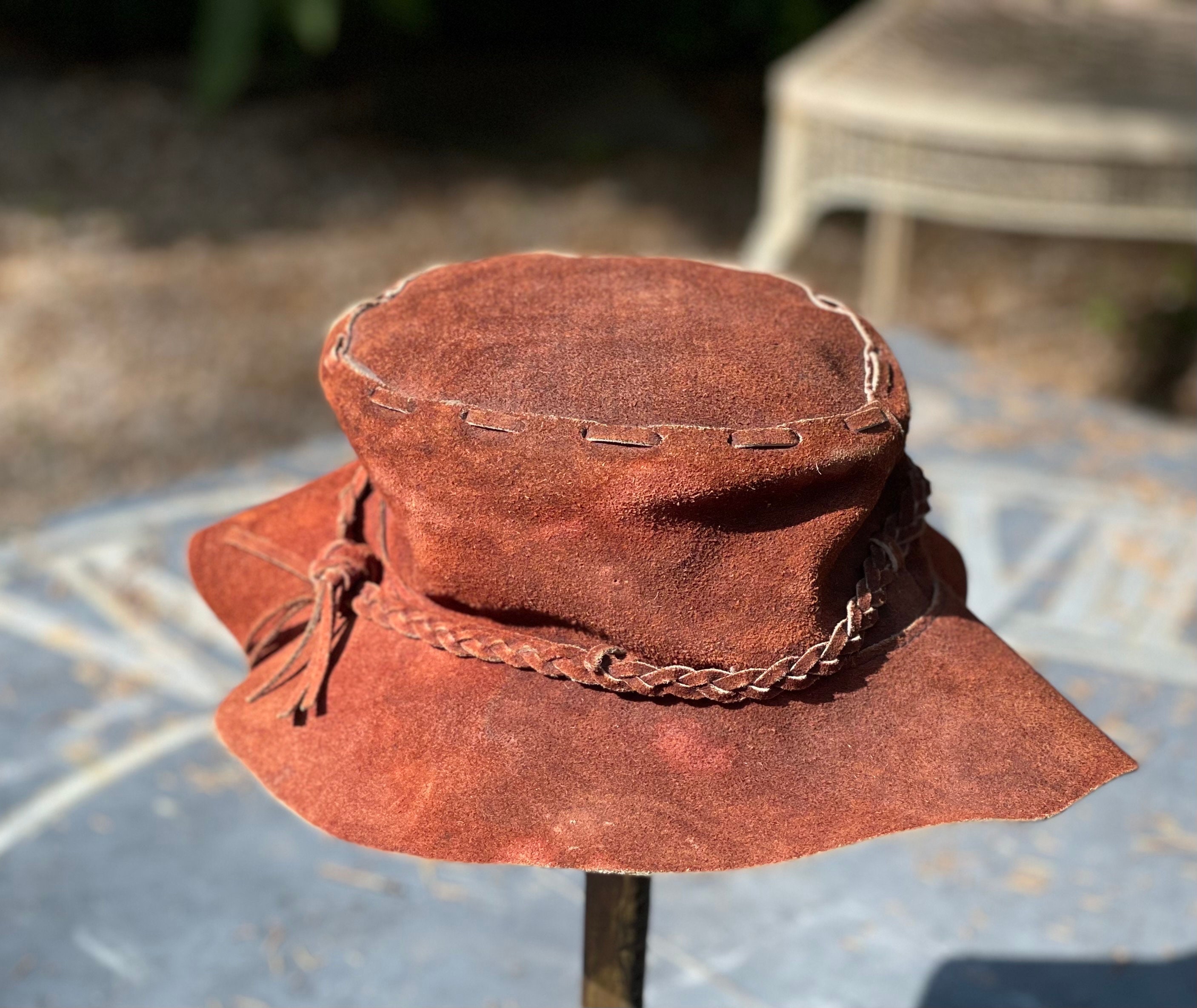 Vintage Leather Festival Hat Boho Floppy Hippie Hat 1970 Brown