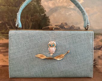 Vintage 1950s Tiffany-blue purse adorned with vintage Trifari feather brooch and white owl with costume turquoise eyes, one of a kind!