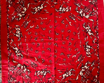 Vintage 1950s large all cotton fastcolor red bandana RN 13962 with equestrian design horses, horse bits new old stock NOS about 23”x23”