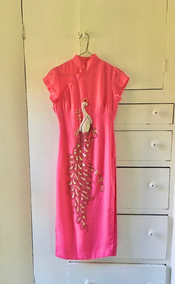 Incredible 1960s pink sequined peacock dress / WOW