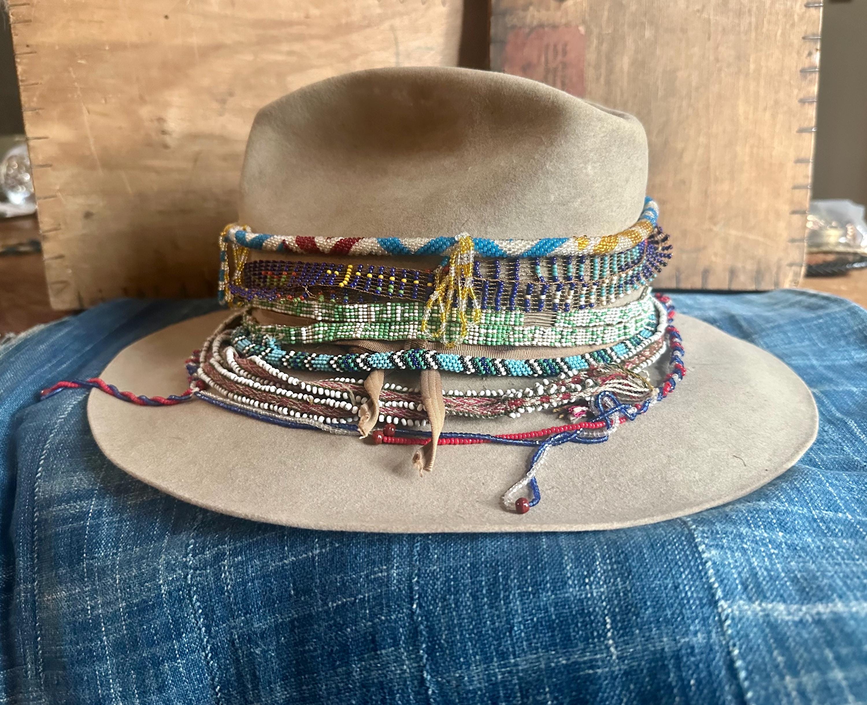 Vintage Capo Feathered Tan Wool Hat + Ribbon Hatband Barbed Wire Leather Cord Hat Band With Feather Ends, Natural  main image 3