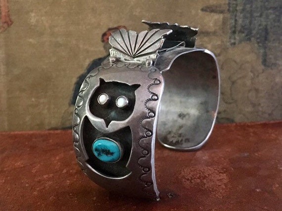 Vintage Native Turquoise Owl Cut Out Handmade Sterling Silver Cuff Bracelet