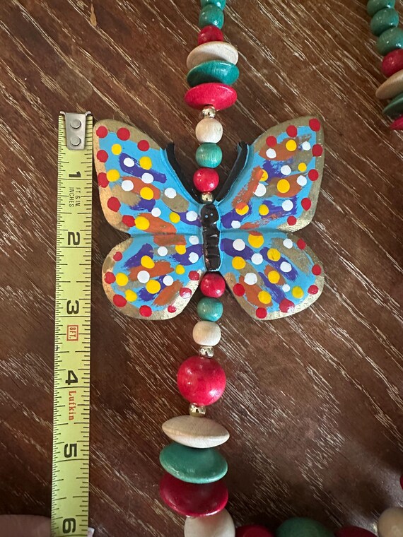 Monumental 1970s-1980s era handpainted OOAK wood bead butterfly statement necklace, a bohemian beauty, wow! View 5