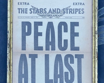 PEACE! Original authentic Vintage 1940s newspaper declaring peace beautiful Antique gold leaf frame Stars and Stripes