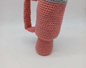 Pink insulated cup, crocheted. Emotional support mug. Limited edition handmade pink crocheted cup.