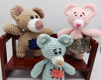 Soft crocheted bear doll, Paddy the Patchwork Bear, Little Teddy Bear, pastel rainbow bear, ready to ship