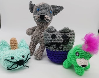 Cats and Dogs stuffed animals, crocheted cats, crocheted dog, handmade stuffed animals, crocheted pets, cute cat plush, dog plush