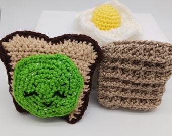 The Breakfast Bunch crocheted play food set. Egg, waffle, avocado toast. Ready to ship, ready for fun!