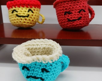 Crocheted Flip Coffee Mug, happy / sad face coffee mug toy, fidget coffee toy